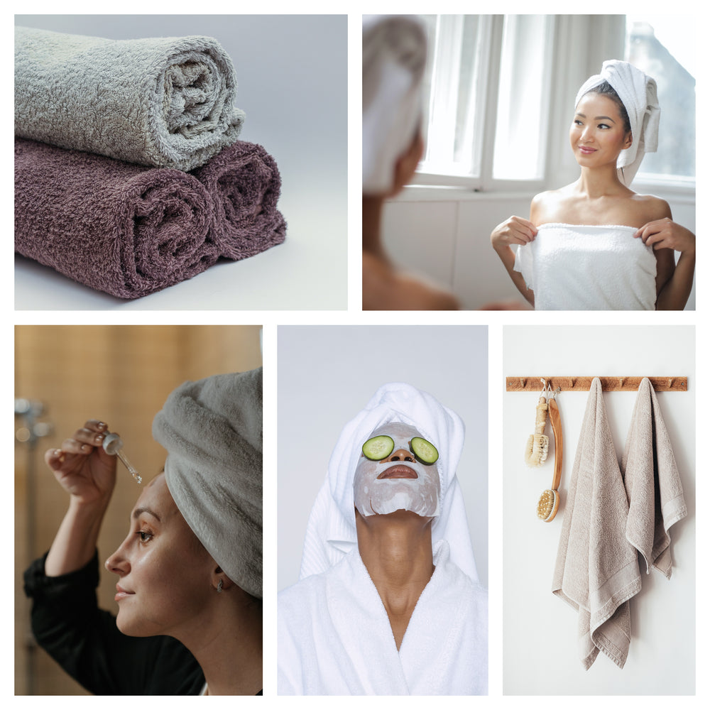 collage of women wearing towels for their hair and applying skincare treatments as well as other pictures of microfiber hair towels